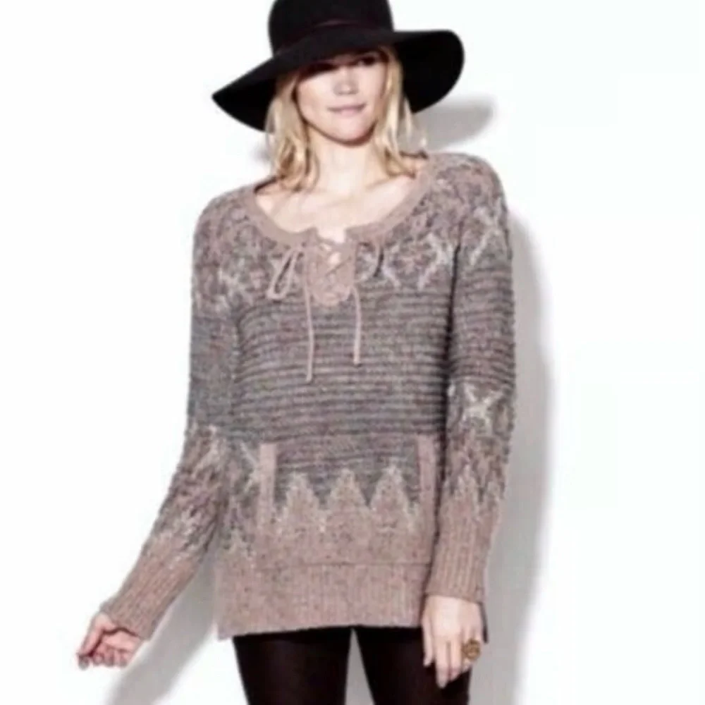 Free People Blush Taupe Lace-Up Cable Knit Scoop Sweater